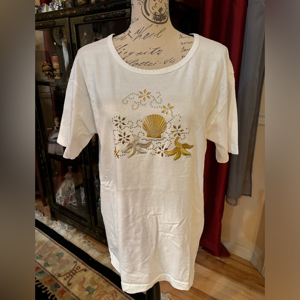 Y2K Gaziani by Alstyle Seashells & Starfish Embroidered/Jeweled T-Shirt